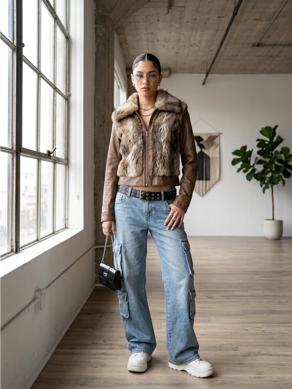 Vintage Y2K Pegabo Brown Leather Rabbit Fur Jacket - Medium - Picture 2 of 5